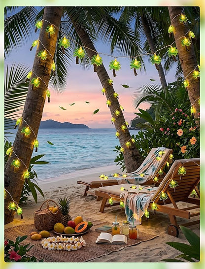 Palm Tree String Lights Outdoor, Summer Beach Themed Decoratives String Lights with 10 Palm Tree Patio Light, Plug in Indoor Fairy Lights for Outdoor Indoor Beach Tropical Party Bedroom Birthday Decor