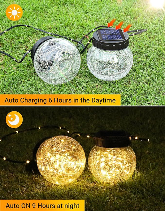 PARTPHONER Solar Lights Outdoor Waterproof 24-Pack, Solar Powered Hanging Lantern Cracked Glass Hanging Globes for Yard Decor Christmas Decoration, Shepherd Hook, Garden Tree Table Ornaments, Warm
