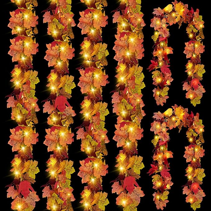 CQURE 6 Pack Fall Leaf Garland with Lights,Fall Decor Halloween Lights Artificial Maple Leaves Autumn Garland Hanging Vines Thanksgiving Decor for Home Christmas Autumn