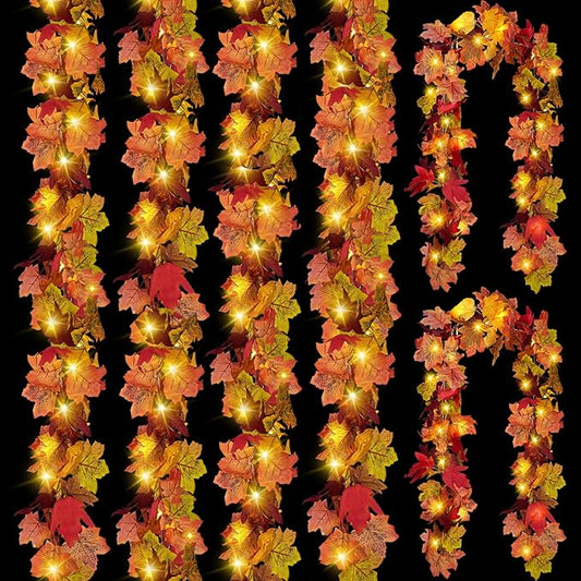 CQURE 6 Pack Fall Leaf Garland with Lights,Fall Decor Halloween Lights Artificial Maple Leaves Autumn Garland Hanging Vines Thanksgiving Decor for Home Christmas Autumn
