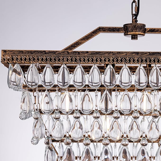 Wellmet Dining Room Crystal Chandelier, 48 Inch Antique Bronze Rectangle Chandeliers, 9 Lights Luxury Large Farmhouse Hanging Ceiling Light Fixtures for Kitchen Island, Living Room, Entryway