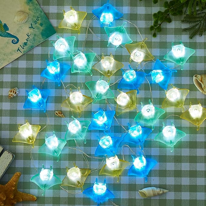 Sea Life Decor Ocean Fish Manta Ray String Lights Indoor Outdoor Nautical Theme Ocean Beach Decorative Lights Cute Marine Life Fairy Lights 30LED 10ft Battery Operated for Bedroom Garden Camp Tent