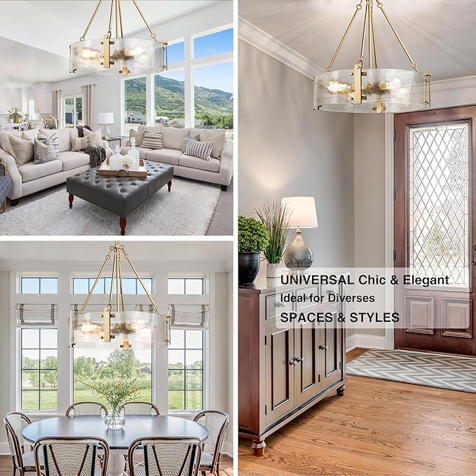 IKK Modern Textured Glass Chandelier, Gold Dining Room Chandelier, Elegant Drum Farmhouse Crystal Light Fixture, Round Lighting for Living Room, Foyer Kitchen Island Bedroom Bathroom D=21