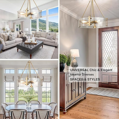 IKK Modern Textured Glass Chandelier, Gold Dining Room Chandelier, Elegant Drum Farmhouse Crystal Light Fixture, Round Lighting for Living Room, Foyer Kitchen Island Bedroom Bathroom D=21