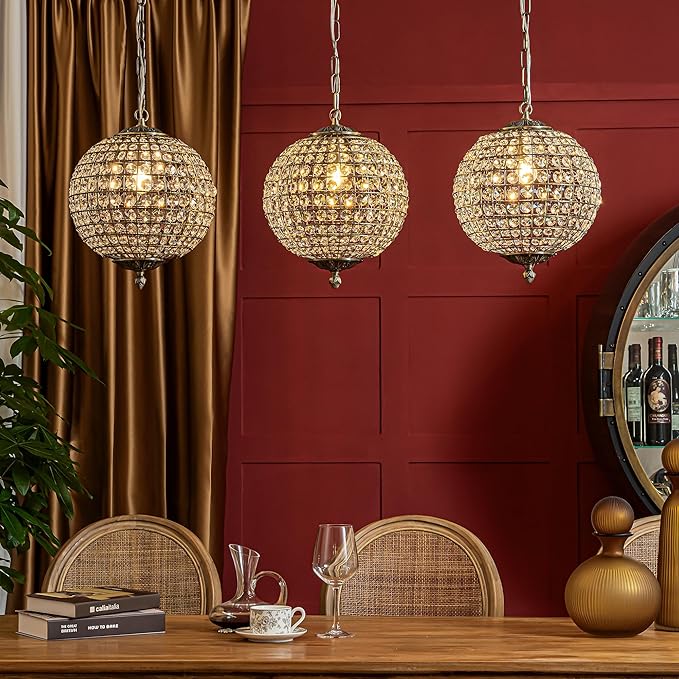 ALOADECOR 1-Light W12 in. Retro Antique Gold Globe Chandelier Small Crystal Vintage Cage-Style Shade Pendant Light for Kitchen Island Sphere Light Fixture for Bedoom