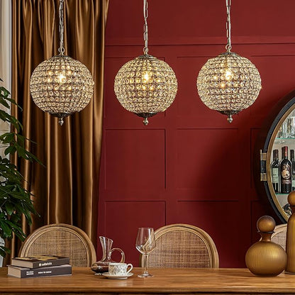 ALOADECOR 1-Light W12 in. Retro Antique Gold Globe Chandelier Small Crystal Vintage Cage-Style Shade Pendant Light for Kitchen Island Sphere Light Fixture for Bedoom