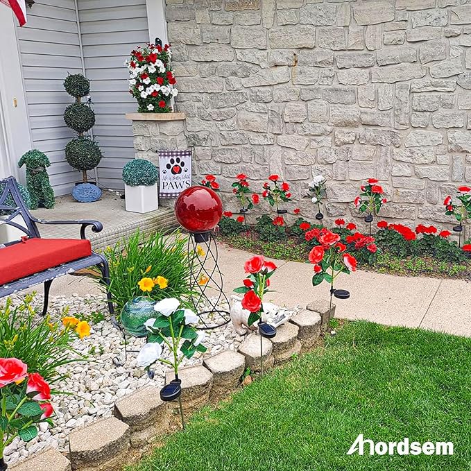 Anordsem Solar Garden Lights Outdoor: 20 Waterproof Fabric Roses 4 Pack - Red LED Flower Decorations for Yard Patio Path Cemetery Grave - Birthday Gifts for Women Mom Wife