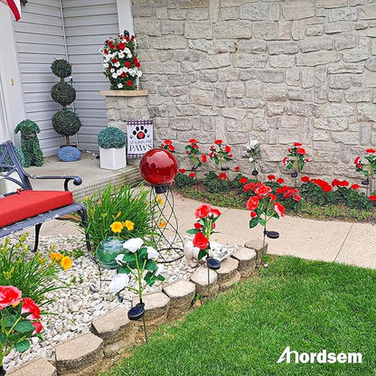 Anordsem Solar Garden Lights Outdoor: 20 Waterproof Fabric Roses 4 Pack - Red LED Flower Decorations for Yard Patio Path Cemetery Grave - Birthday Gifts for Women Mom Wife