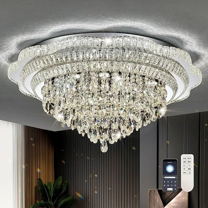 40" Sliver Crystal LED Ceiling Light Fixture with Remote Control,Large Flush Mount Chandelier with 3-Color Dimmable for Living Room Bedroom Dining Room