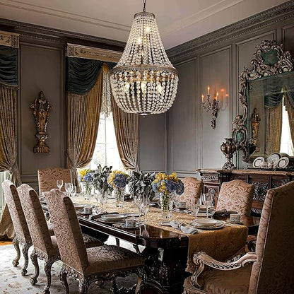 Wellmet French Empire Crystal Chandelier Farmhouse Antique Bronze Chandeliers Light Fixture, 7 Lights Adjustable Pendant Light for Dining Living Room, Bedroom, Entryway, Kitchen, Foyer, 19" W