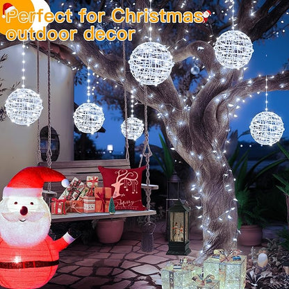 Ollny Christmas Lights Outdoor 4Pack 7.87inch, Cool White 200 LED Ball Light with Plug in Remote, 8 Modes IP67 Waterproof Connectable Sphere Tree Lights for Indoor House Yard Garage Decorations