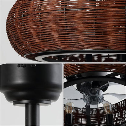 JONATHAN Y 23" Black 6-Light Modern Bohemian Ceiling Fan with Lights, 6-Speed Remote and App Control, Height Adjustable LED Lantern with Dark Brown Rattan Shade for Living Room JYL9728A