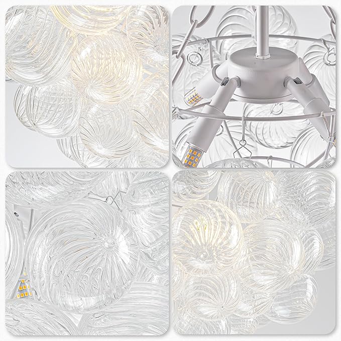 Hand Blown Glass Bubble Ball Chandelier White Finish 20" Small Pendant Lights Art Deco Cluster Swirled Ribbed Globe Blown Glass Chandeliers for Dining Room Bathroom Entry Bedroom