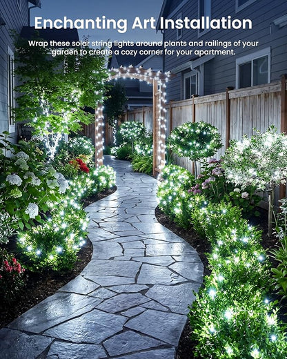 Minetom 2 Pack Solar String Lights, Total 66Ft 200 LED Solar Fairy Lights Outdoor Waterproof, 8 Modes Firefly Starry Moon Twinkle Lights for Yard Garden Patio Tree DIY Crafts Wedding Party(Cool White)