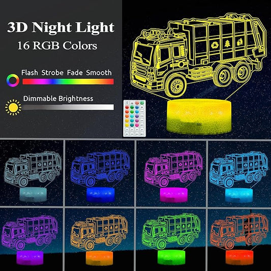 Garbage Truck Night Light, Garbage Truck Car Gifts, Sanitation Truck 3D Illusion Lamp with 16 Colors Changing, Timer, 4 Flash Modes and Dimmable, Kids Boys Girls Room Decoration, Holiday Xmas Gifts