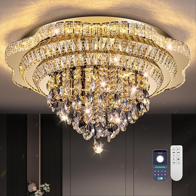 30" Gold Crystal LED Ceiling Light Fixture with Remote Control,Large Flush Mount Chandelier with 3-Color Dimmable for Living Room Bedroom Dining Room