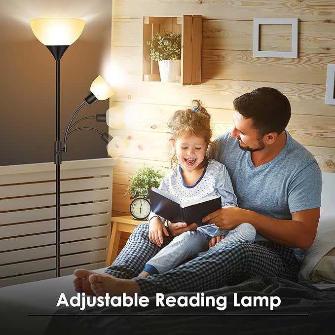 Floor Lamp, Standing Lamp, Torchiere Floor Lamp with Adjustable Reading Lamp, 71" Tall Pole Lamps, 3 Way Switch, Plastic Lampshade, Corner Floor Lamps for Living Room, Bedroom(E26 Base, No Bulb)-Black