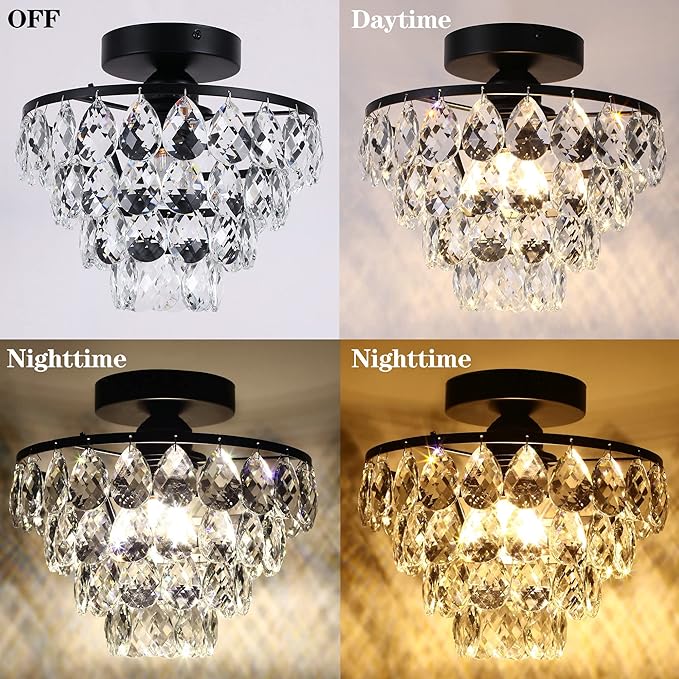 Luupyia Mini Crystal Chandelier Ceiling Light Small, Modern Crystal Ceiling Light for Hallway Overhead Fixtures Semi Flush Mount Mini Black Chandelier for Bedroom Hall Living Room Hallway