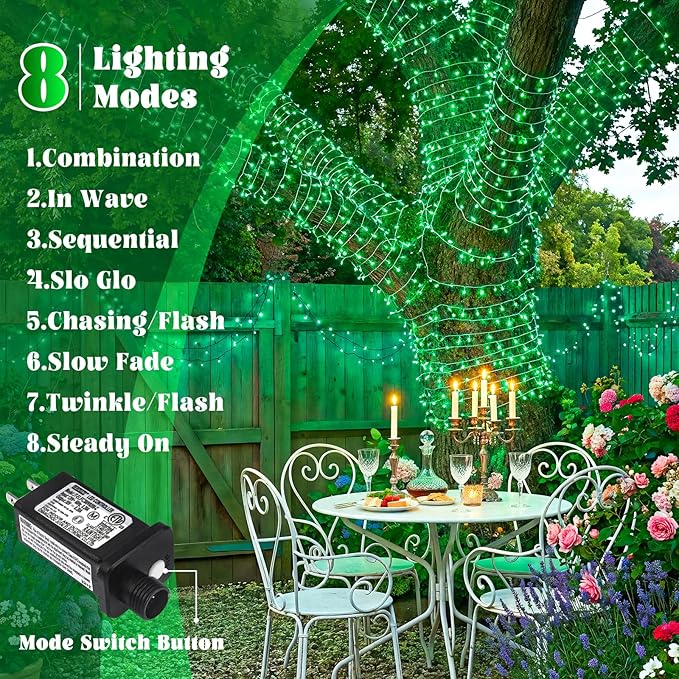 132FT 400 LED Outdoor String Lights, Plug in Christmas Lights Indoor Waterproof, 8 Modes Fairy Twinkle Lights Clear Wire for Outside Home Patio Garden Party Holiday Decorations, Green