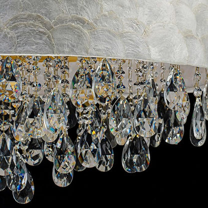 LumFurn D24inch Drum Capiz Shell K9 Crystal Chandeliers, 8-Light Coastal Style Pendant Light Fixture for Dining Room, Living Room, D24xH23~71 inch(Adjustable), Shell Lampshade & Gold Finish