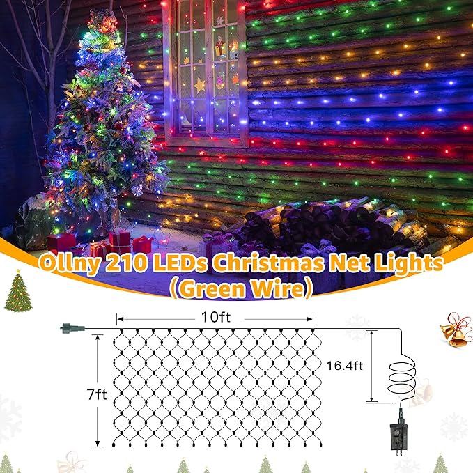 Ollny Net Lights Outdoor Mesh Light, 210LED 10x7ft Green Wire Christmas Net Lights, IP67 Waterproof, 8 Modes Plug in Bush Light for Tree Shrubs Outside Patio Decorations, Multicolor