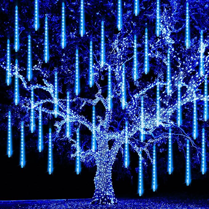 TW SHINE Christmas Lights Outdoor, 288 LED 12" 8 Tubes Meteor Shower Lights Outdoor Christmas Decorations Plug in, Waterproof Snow Falling Rain Icicle Xmas Light for Tree Decor, Blue