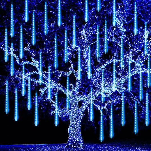TW SHINE Christmas Meteor Shower Lights Outdoor, 864 LED 12" 24 Tubes Waterproof Christmas Lights Outdoor Plug in, Snow Falling Rain Icicle Xmas Light Decorations, Blue