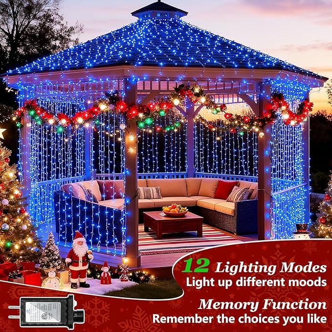 1500 LED 470FT Blue Birthday Party Decorations String Lights with 12 Modes Timer Dimmable, Waterproof Green Wire Christmas Lights Outdoor, Plug in Fairy Lights for Wedding, Ocean Party, Xmas Decor