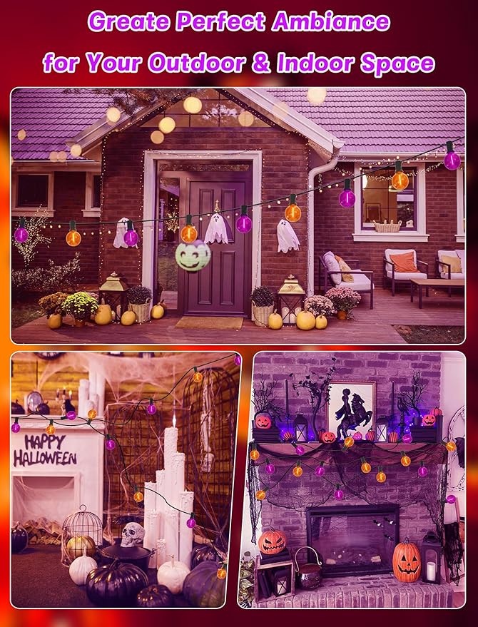 SUNSGNE G40 LED Halloween String Lights Outdoor 50FT Halloween Globe Lights with 27 LED Shatterproof Clear Orange Purple Bulbs(2 Spare) for Patio Balcony Backyard Pergola Decor