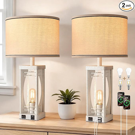SRJJA Farmhouse Table Lamps Set of 2 for Living Room, Modern Industrial Bedside Lamps with USB A+C Charging Ports, 22.5" Dual Light Nightstand Lamp with Linen Shade for Bedroom End Tables