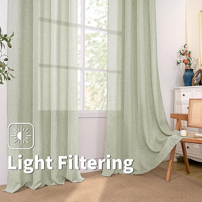 BGment Sage Green Linen Curtains 95 Inch Long for Living Room - Burlap Textured Light Filtering Window Treatments Grommet Sheer Drapes for Farmhouse, 2 Panels, 52 X 95 Inch