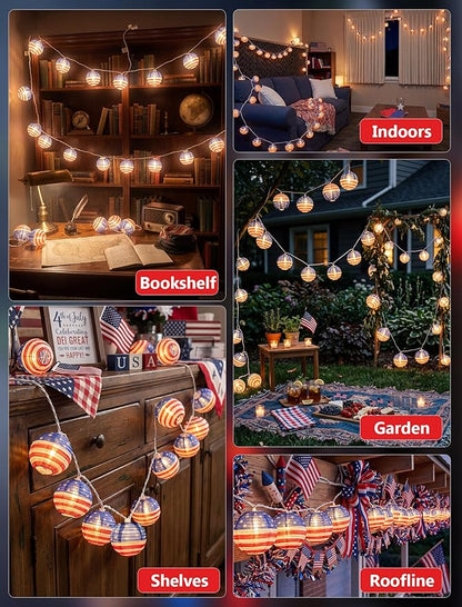 American Flag Lantern Lights Plug in, 8.5Ft 4th of July Decorations String Lights with 10 Mini USA Flag Lantern Lights, Hanging Indoor String Lights for Outdoor Independence Day Patriotic Party Decor