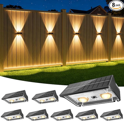 NIORSUN Solar Fence Lights Outdoor, 8 Pack Up and Down Waterproof Solar Wall Lights, Warm & Cool White + RGB, Fence Lights with Lens, Dusk to Dawn Lighting for Patio, Backyard, Pool, Railing (Black)