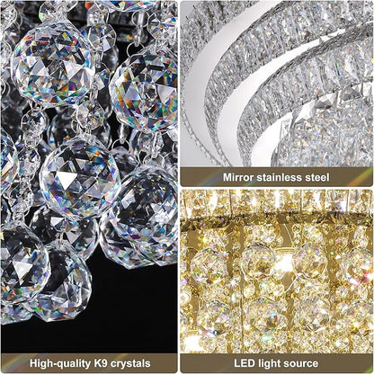 Miuyhji 40“ Elegant LED Crystal Raindrop Ceiling Light, Flush Mount Chandelier Light Fixture with Remote Control for Living Room Kitchen Island Bedroom Hallway Entryway Foyer(Dimmable)