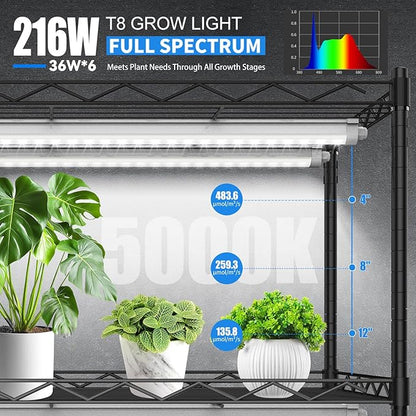 JESLED Waterproof Grow Lights for Indoor Plants, 3FT Sunlight Full Spectrum 5000K LED for Seed Starting, Seedling & Vegetables, 216W(6 X 36W,1350W Equiv), Linkable Grow Light Strip with Switch, 6P