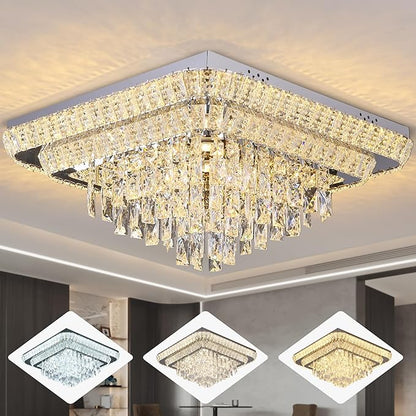 Miuyhji Elegant LED Crystal Raindrop Ceiling Light, 24 in Square Flush Mount Chandelier with Remote for Living Room Kitchen Island Bedroom Hallway Entryway Foyer (Dimmable)