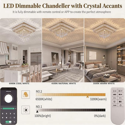 Miuyhji Elegant LED Crystal Raindrop Ceiling Light,24 Inch Square Gold Flush Mount Chandelier Light Fixture,Remote/APP, for Living Room Kitchen Dining Room Bedroom Hallway Entryway Foyer (Dimmable)