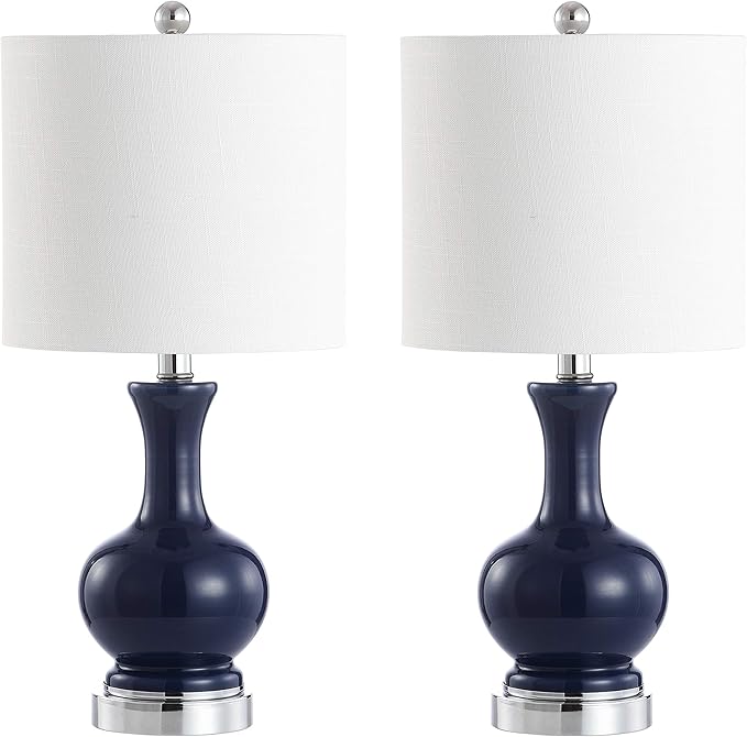 JONATHAN Y 21.5" Navy/Chrome Modern Glass Table Lamp Set of 2, Brass Gold Bedside Lamp with White Linen Shade for Bedroom Living Room, LED Bulbs Included (JYL4033C-SET2)