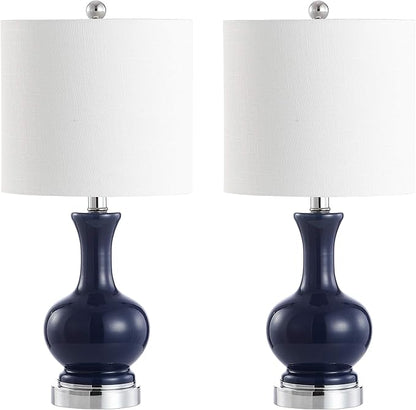 JONATHAN Y 21.5" Navy/Chrome Modern Glass Table Lamp Set of 2, Brass Gold Bedside Lamp with White Linen Shade for Bedroom Living Room, LED Bulbs Included (JYL4033C-SET2)