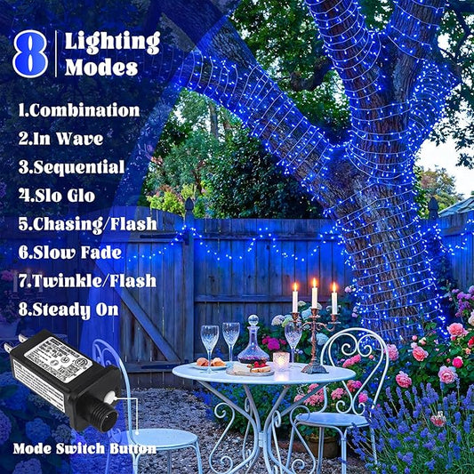 66FT 200 LED Outdoor String Lights, Plug in Christmas Lights Indoor Waterproof, 8 Modes Connectable Twinkle Fairy Lights Clear Wire for Home Garden Patio Wedding Party Decorations, Blue