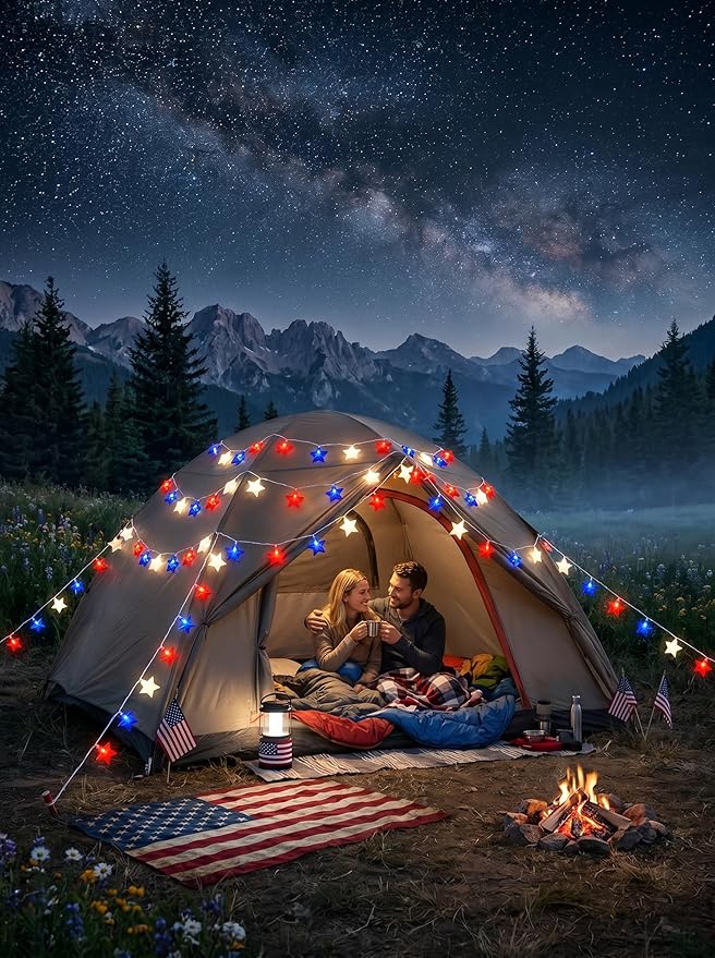12Ft 4th of July String Lights, 20L LED Red White and Blue Star Lights Plug in for Patriotic Home Porch Mantel Classroom Backyard Tree Decor, Independence Day Decorations, Indoor and Outdoor Use