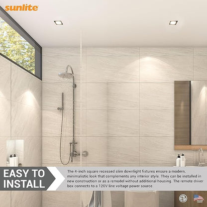 Sunlite 87805 LED 4-Inch Recessed Slim Downlight Fixture, 12 Watts (65W=), 700 Lumens, Indoor & Outdoor, Color Selectable 27K/30K/35K/40K/50K, 90 CRI, 120V, Dimmable, ETL Listed, Matte Black, 1 Pack