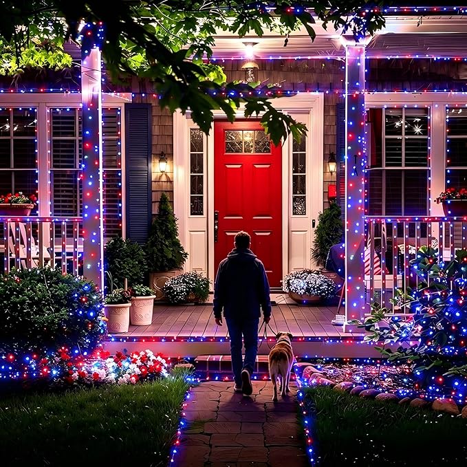 Joomer 4th of July Red White Blue Solar String Lights,39FT 60LED Waterproof with 8 Lighting Modes Patio Lights for Independence Day Garden Yard Gazebo Party