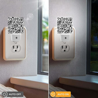 LED Night Light Lamp with Smart Sensor Dusk to Dawn Sensor,Paisley Black White Night Light Daylight White,0.5W Plug-into Wall for Adults,Bedroom,Bathroom,Hallway,Kitchen