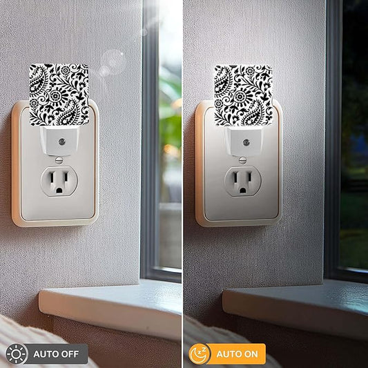 LED Night Light Lamp with Smart Sensor Dusk to Dawn Sensor,Paisley Black White Night Light Daylight White,0.5W Plug-into Wall for Adults,Bedroom,Bathroom,Hallway,Kitchen