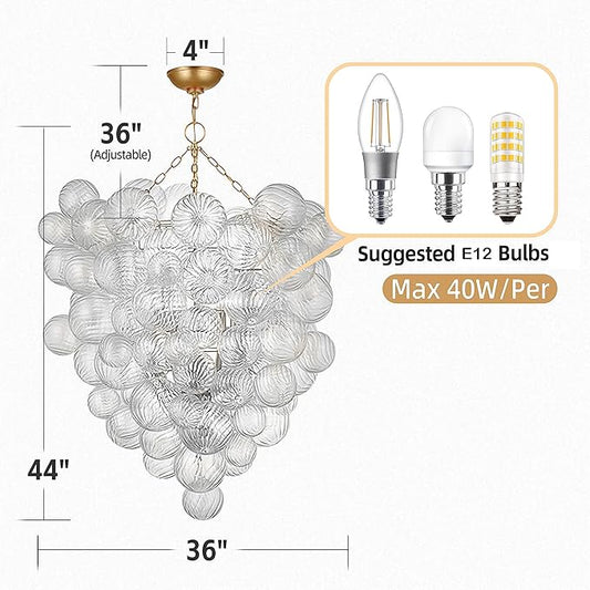 Extra Large Glass Bubble Chandelier 2-Tier 44" High Light Fixtures Mid-Century Swirled Clear Blown Glass Globe Chandeliers Pendant Lights for Stairway Living Room Entryway Foyer