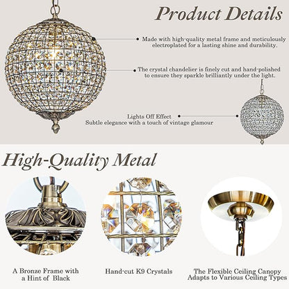 ALOADECOR 1-Light W12 in. Retro Antique Gold Globe Chandelier Small Crystal Vintage Cage-Style Shade Pendant Light for Kitchen Island Sphere Light Fixture for Bedoom