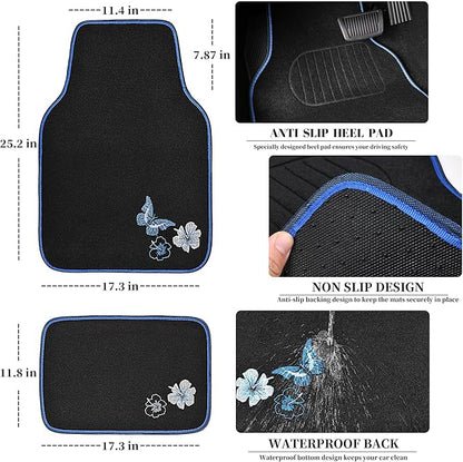 CAR PASS Blue Butterfly Car Seat Covers Full Set, Embroidered Flower Waterproof Car Floor Mats Carpet, Butterflies Steering Wheel Cover for Universal Car Accessories Interior Sets (Black and Blue)