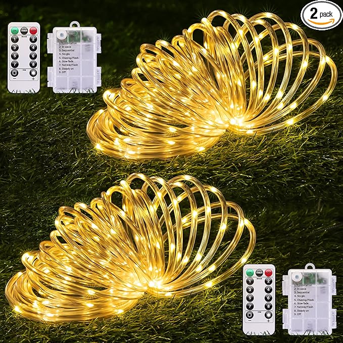 JMEXSUSS 2 Pack Christmas Lights Battery Operated Rope Lights Warm White - Outdoor Waterproof, 200LED 66ft 8 Modes Battery Powered String Light with Remote for Tree Garden Christmas Decorations