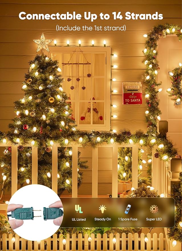 Vintage C9 LED Christmas Lights Outdoor, 50 Feet C9 String with 50 Shatterproof Matte Bulbs, Connectable Waterproof Tree Lights for Holiday Roofline, Backyard Garden Decor, Warm White